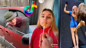 三個TikTok影片片段顯示雪中汽車場景、一個女人吃棒棒糖，以及兩個女人在牆上擺姿勢。 — 搞笑迷因 壁紙