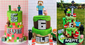 三個Minecraft生日蛋糕，帶有像素角色和方塊裝飾，送給Evie Ale和Mert。 — 蛋糕 壁紙
