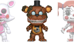 三個恐怖主題的機械動物 Funko Pop! 人偶，具有鋒利的牙齒和腐朽的特徵。 — 佛萊迪的五夜驚魂 安全漏洞 壁紙