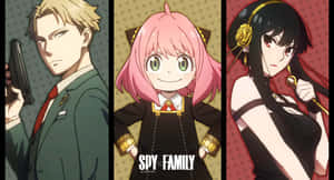 三個來自 Spy Family 的動漫角色手持武器，表情嚴肅和微笑。 — 間諜家家酒 GIF 壁紙