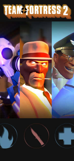 三個《Team Fortress 2》角色及下方武器圖示 — Pixel 10 Pro XL 壁紙