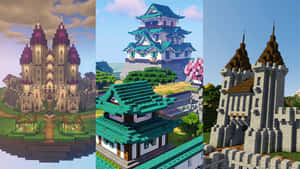 三個Minecraft風格的像素化城堡，在草地上有不同的設計。 — 我的世界 壁紙