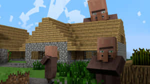 三個Minecraft村民在草地上的木石屋附近。 — 我的世界 壁紙