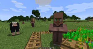 三個Minecraft村民在草地上，有樹木和藍天。 — 我的世界 壁紙