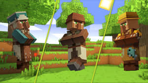 三個Minecraft村民在有塊狀樹木和明亮陽光的像素化草地上。 — 我的世界 壁紙
