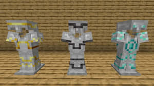 三個Minecraft盔甲套裝展示在木地板上，背景是磚牆。 — 我的世界 鑽石 壁紙
