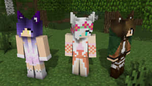 三個帶有動物耳朵的Minecraft角色在長滿草的森林中。 — 像素藝術 壁紙