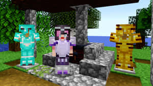 三個Minecraft角色在一個草地戶外場景中的石頭庇護所下。 — 我的世界 鑽石 壁紙