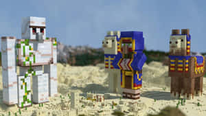 三個Minecraft角色在沙漠中，有方塊狀建築物和山脈 — 可愛 Minecraft 壁紙