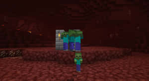 三個Minecraft殭屍在火炬照亮的紅色地獄堡壘中。 — 我的世界苦力怕 壁紙