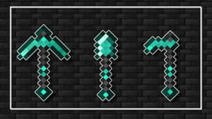 三個來自Minecraft的像素化鑽石工具，在深色磚牆上。 — 最佳我的世界 壁紙