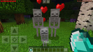 三個Minecraft骷髏站在森林中，上方有心形。 — 我的世界苦力怕 壁紙