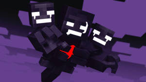 三個方塊狀的黑色Minecraft生物，擁有發光的眼睛，漂浮在紫色虛空中。 — 凋零風暴 壁紙