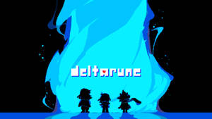 三個像素角色面對一個發光的藍色傳送門，上面有「deltarune」文字。 — 三角符文 壁紙