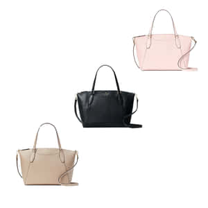 三個時尚的皮革手提包，黑色、粉紅色和米色，白色背景。 — Kate spade 壁紙