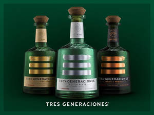 三個 Tres Generaciones 龍舌蘭酒瓶，帶有金色、銀色和青銅色條紋，背景為綠色。 — 墨西哥 壁紙