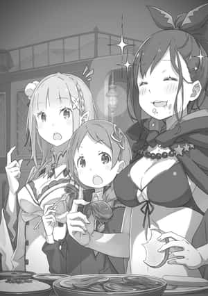 三個動漫女孩在餐桌前一起吃飯時感到驚訝。 — 小米Mix 壁紙