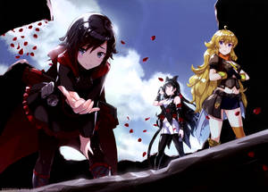 三個動漫女孩在懸崖上，紅色花瓣在戲劇性的天空中飄落。 — Rwby 壁紙