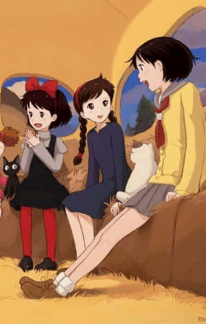 三個動漫女孩與貓咪坐在圓頂內的乾草捆上。 — 鹿丸 壁紙