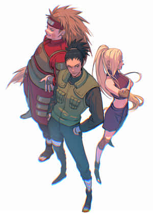 三個動漫忍者角色以動作姿勢呈現，色彩鮮豔，服裝細節豐富。 — 鹿丸 壁紙