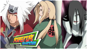 三個動漫忍者角色，帶有Shinobi Arena標誌。 — 忍者 要塞英雄 壁紙