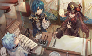 三個動漫角色練習書法，表情豐富，帶有漂浮的對話氣泡。 — Steam Deck 壁紙