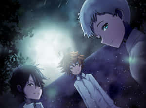 三個動漫角色仰望星空，月亮閃耀。 — 約定的夢幻島 壁紙