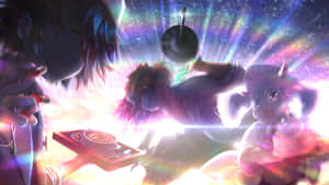 三個動漫角色在發光的宇宙場景中，有星星和魔法效果。 — 三角符文 壁紙