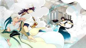 三個動漫角色在漂浮的碎片和雲層中進行魔法戰鬥。 — 美麗的動畫 壁紙