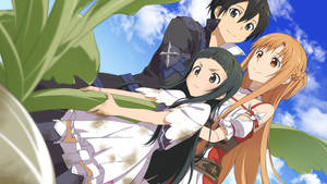 三個動漫角色在陽光明媚的天空下，躲在巨型葉子後面。 — 桐人 壁紙