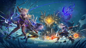 三個動漫戰士在破碎的冰天雪地中，與發光的機械怪物戰鬥。 — 原神 壁紙
