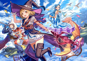 三個動漫女孩在陽光明媚的天空中與鳥兒和魔法武器一起飛翔。 — 動畫風景動圖 壁紙
