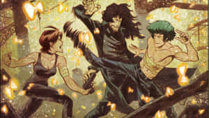 三個動漫戰士在黑暗小巷中碰撞，發光的沙漏在他們周圍漂浮。 — 午夜 壁紙
