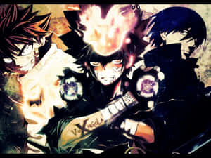 三個動漫角色身穿戰鬥裝備，帶有發光護手和熾熱能量。 — 綠色天空 壁紙