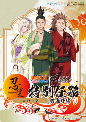 三個動漫角色穿著和服，拿著扇子和食物在裝飾背景前擺姿勢。 — iPad Pro 11 壁紙