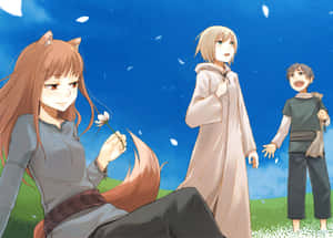 三個動漫角色在藍天下的白色花田中。 — Hololive 壁紙