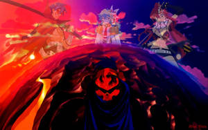 三個動漫角色在日落時分站在熾熱的山頂上。 — 天元突破紅蓮螺巖 壁紙