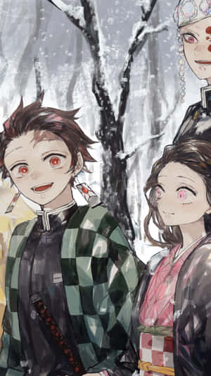 三個動漫角色在冬日森林中賞雪 — 炭治郎 GIF 壁紙