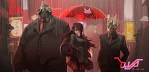 三個動漫角色在雨中小巷撐著一把有兔子圖案的紅色雨傘。 — 鬥陣特攻 壁紙