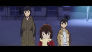 三個動漫角色站在雪夜的小巷中。 — 日本動漫 壁紙