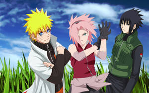 三個動漫忍者角色一起站在藍天下的草地上。 — 第七班 壁紙