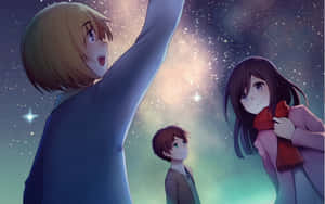 三個動漫角色抬頭望向帶有星雲的發光星空。 — 進擊的巨人 角色 壁紙