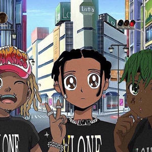三個動漫角色在霓虹燈照亮的城市街道上穿著時尚的街頭服飾。 — Vlone 壁紙