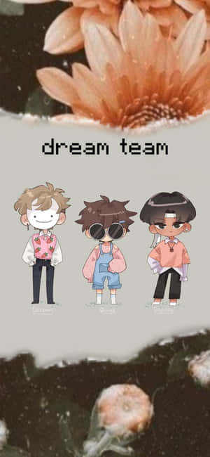 三個動漫角色標示為 Dream Ghost 和 Sailing，位於一朵帶有 dream team 文字的大橙色花下。 — Moto E15 壁紙