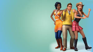 三個動畫 Sims 角色穿著色彩繽紛的服裝一起擺姿勢。 — 酷炫遊戲 壁紙