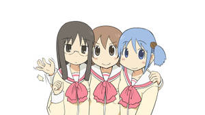 三個穿著水手服的動畫女學生愉快地揮手。 — 動漫 壁紙
