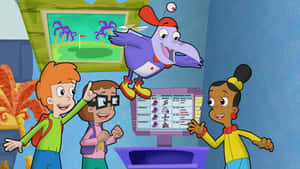 三個小孩和一隻紫色鳥吉祥物興奮地看著日程螢幕。 — Pbs Kids 壁紙