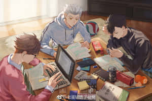 三個動畫男孩在一張堆滿書籍和筆記型電腦的凌亂書桌前一起學習。 — MacBook Air M4 壁紙
