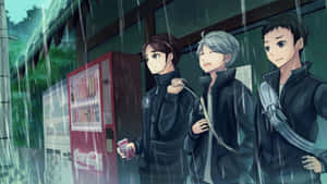 三個動畫男孩在雨中，旁邊是一部紅色的自動販賣機。 — 筆電 壁紙