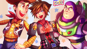 Woody Sora 和 Buzz Lightyear 在色彩繽紛的卡通場景中一起微笑。 — 王國之心 壁紙